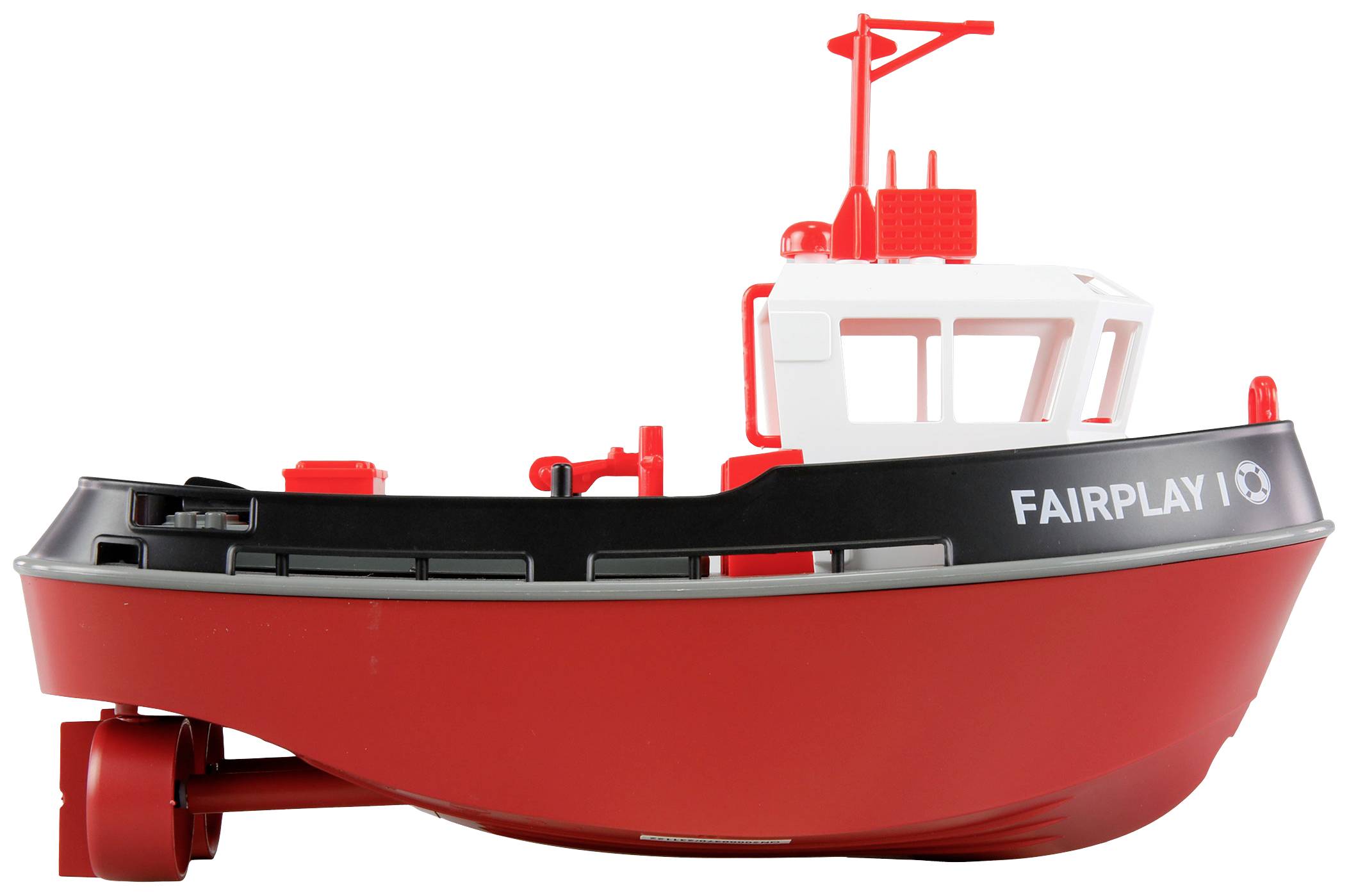 Ein rotes Modellboot mit der Aufschrift 'Fairplay 1'. Es hat weiße und schwarze Details sowie einen roten Schornstein.