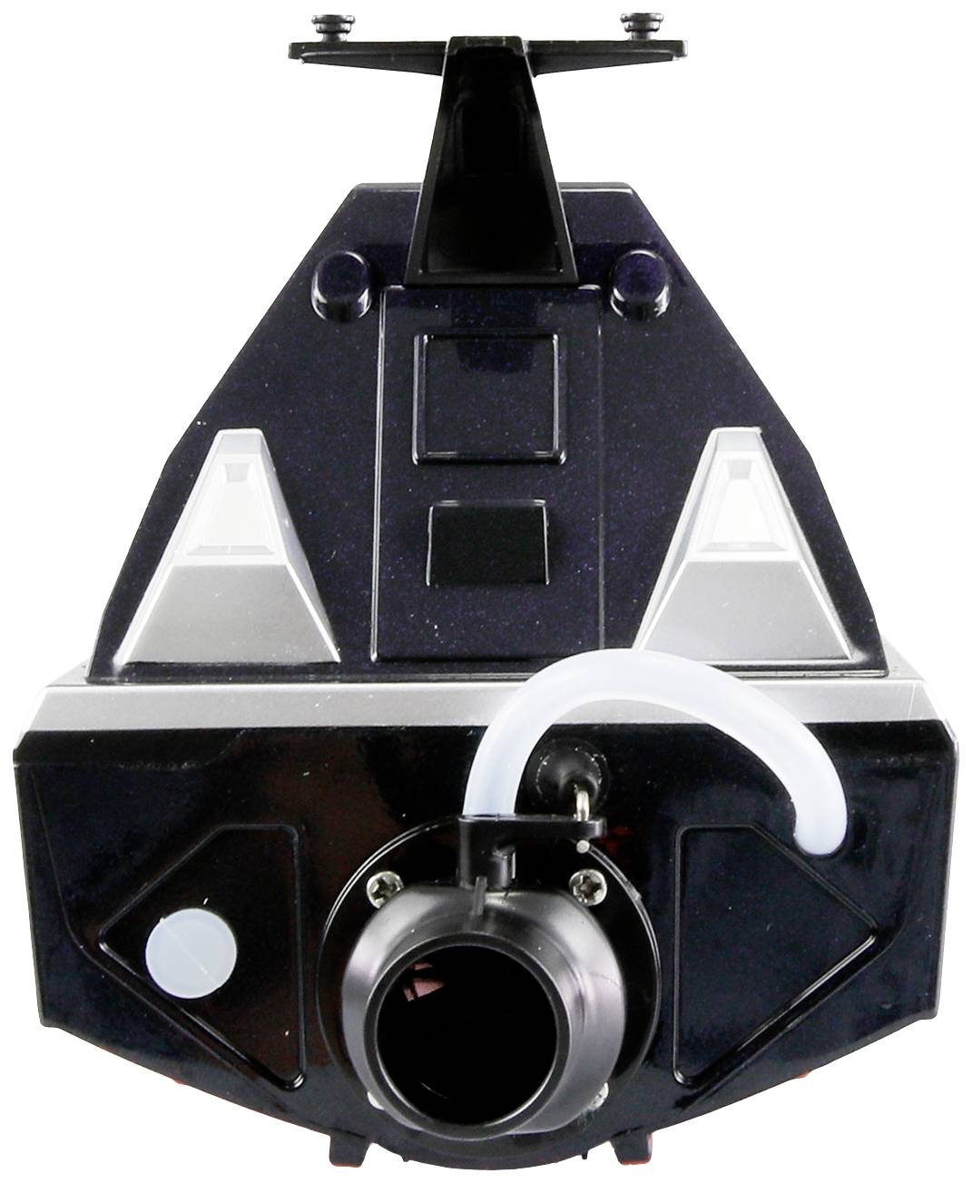 Ein schwarzes Gerät mit einer runden Öffnung vorne, umgeben von geometrischen Formen. Es hat oben eine Halterung und ein gebogenes Rohr.