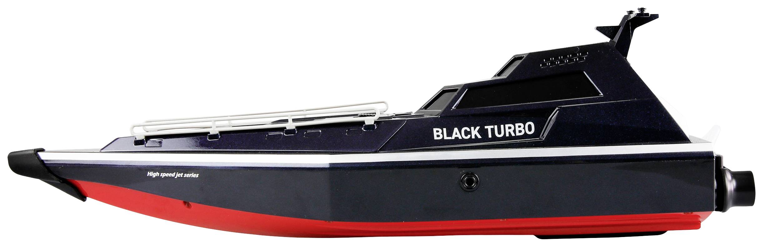 Spielzeug-Schnellbootmodell in schwarz-rot mit der Aufschrift 'Black Turbo'. Es hat ein stromlinienförmiges Design und Antenne.