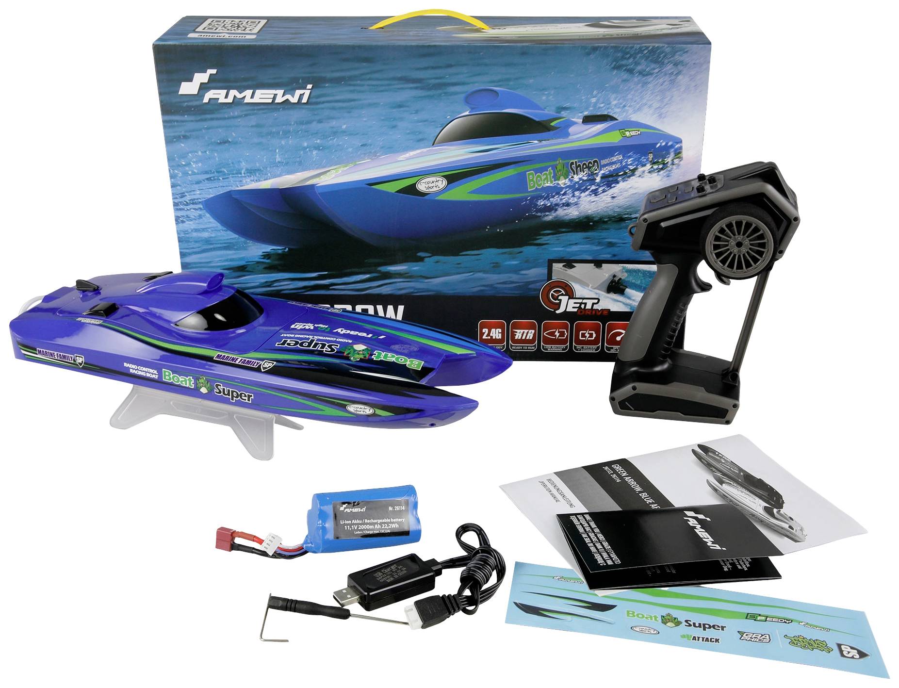 Spielzeug-Rennboot-Set mit Fernbedienung, Ladegerät, Batterie und Anleitung. Verpackung zeigt blaues Boot auf Wasser.