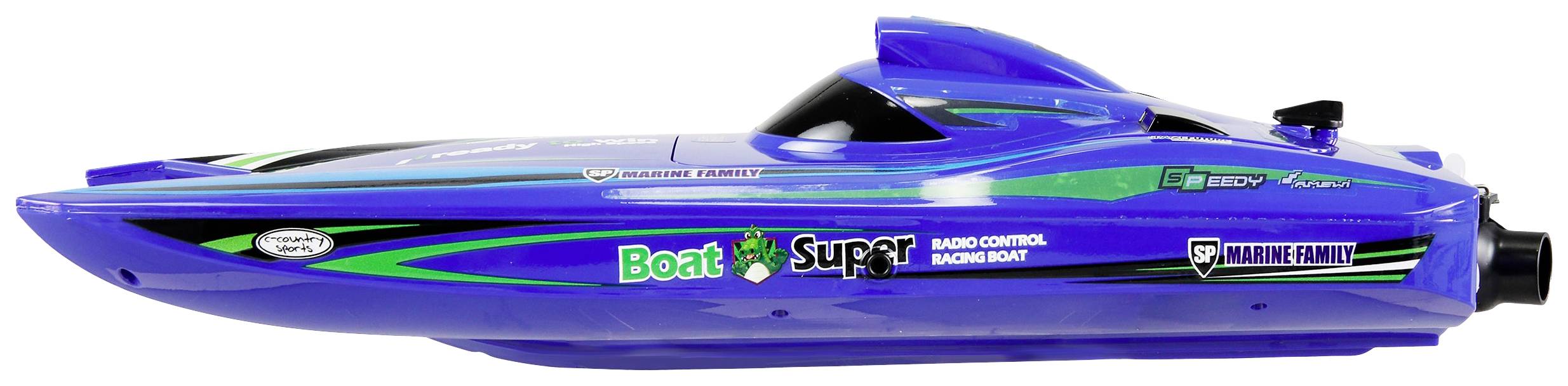 Ferngesteuertes, blaues Modell-Schnellboot mit grünen und schwarzen Streifen, seitlicher Blick. Markierungen: 'Boat Super', 'Marine Family'.