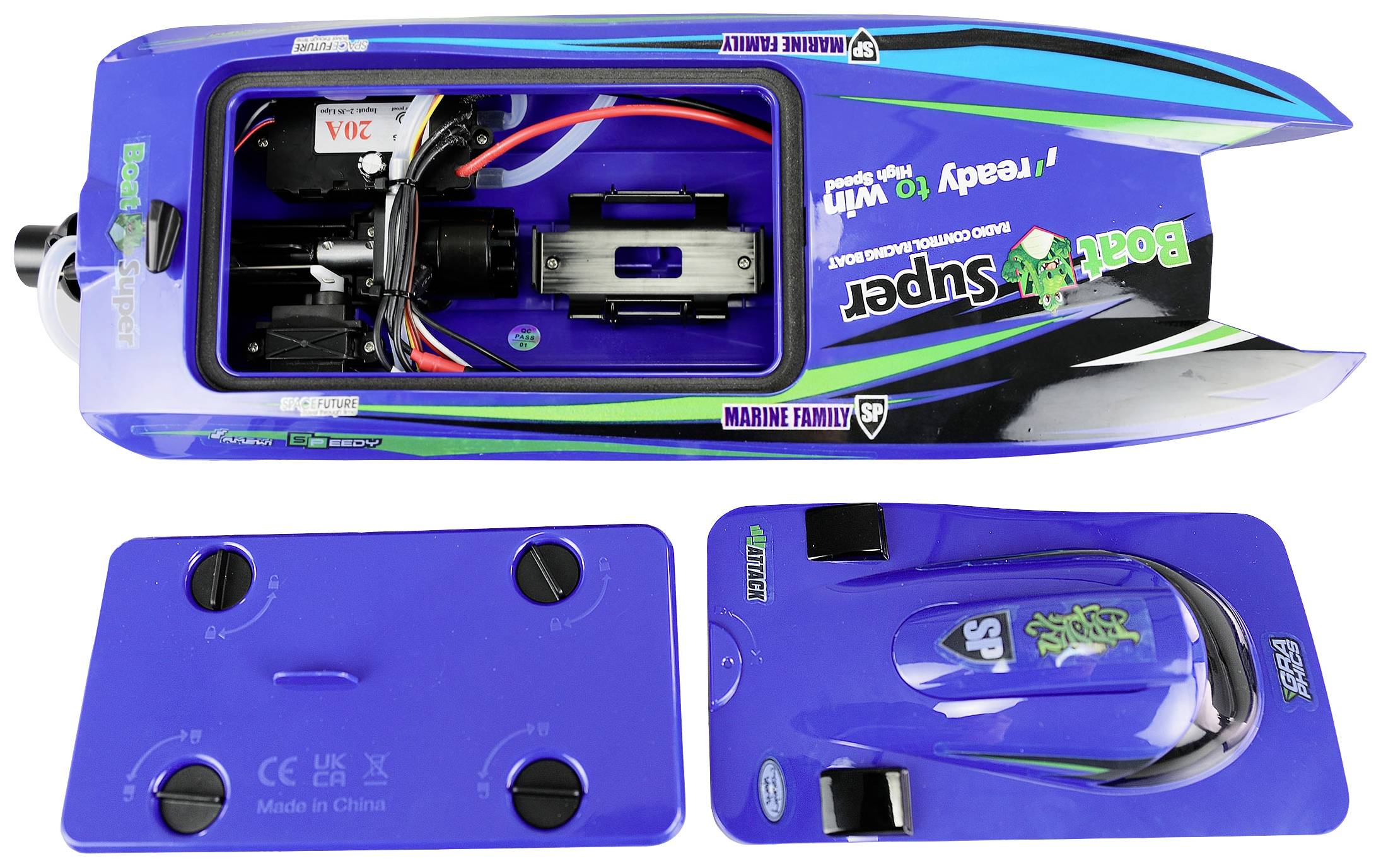 Ferngesteuertes Schnellboot in blau und grün mit Batterie- und Motorfach geöffnet. Separater Deckel mit Hinweis: 'Ready to Run'.