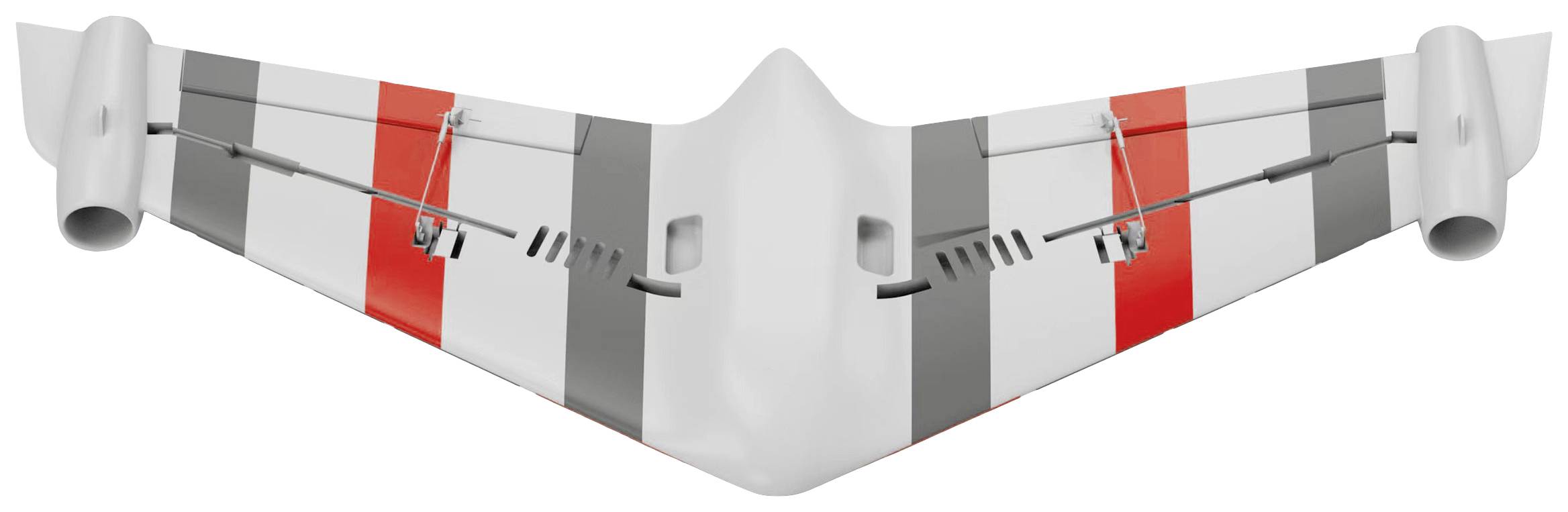 Ein weißes Drohnenmodell mit einem rot-grau gestreiften Muster auf den Tragflächen, das von oben gezeigt wird.