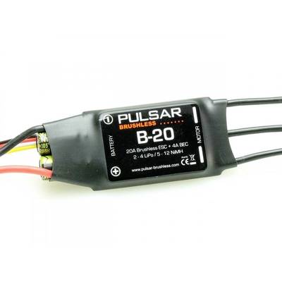 Elektronischer Geschwindigkeitsregler mit Aufschrift 'Pulsar Brushless B-20', geeignet für 2-4 LiPo oder 5-12 NiMH Akkus.