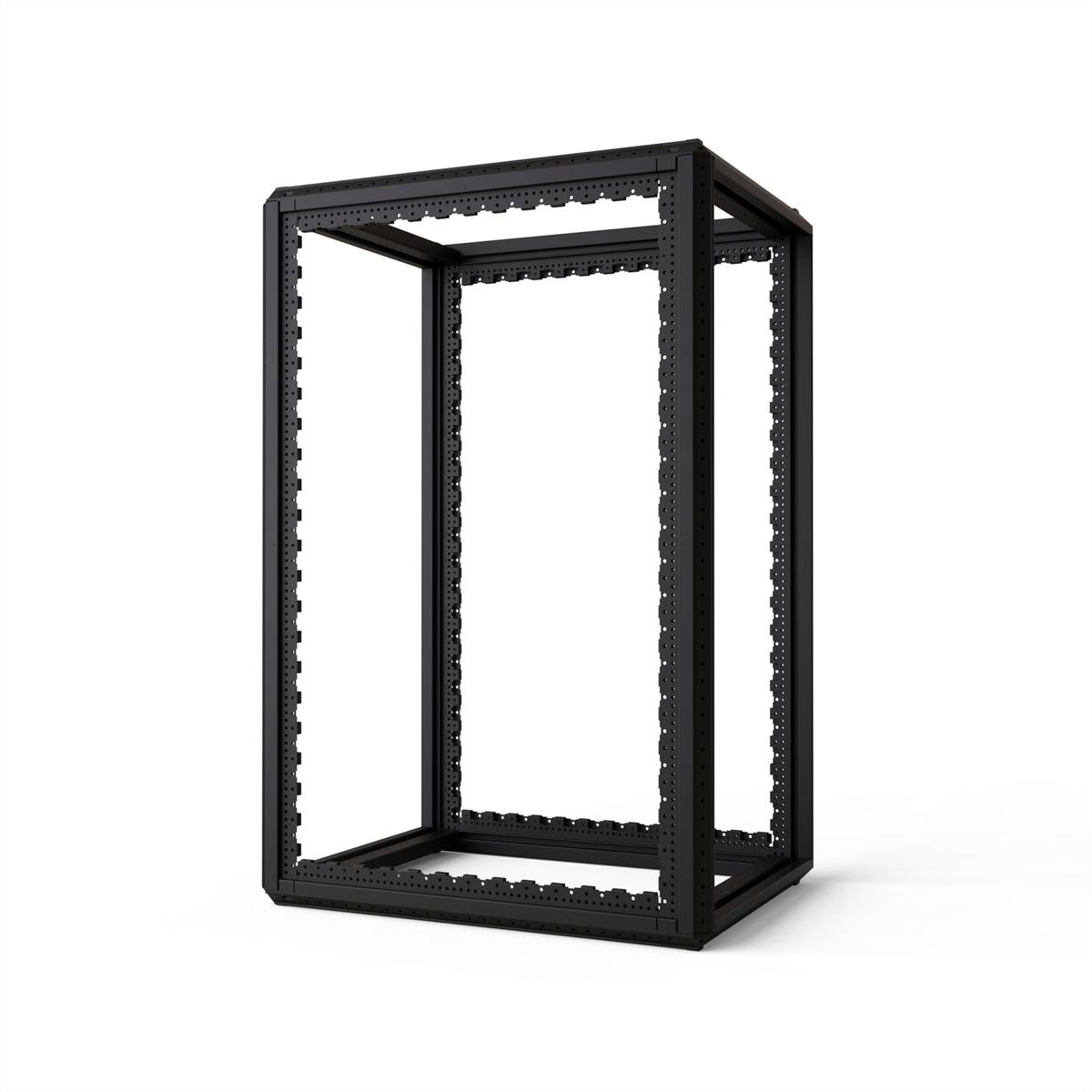 Ein schwarzes, leeres Metallgestell in rechteckiger Form, das für Technikinstallationen genutzt werden könnte.