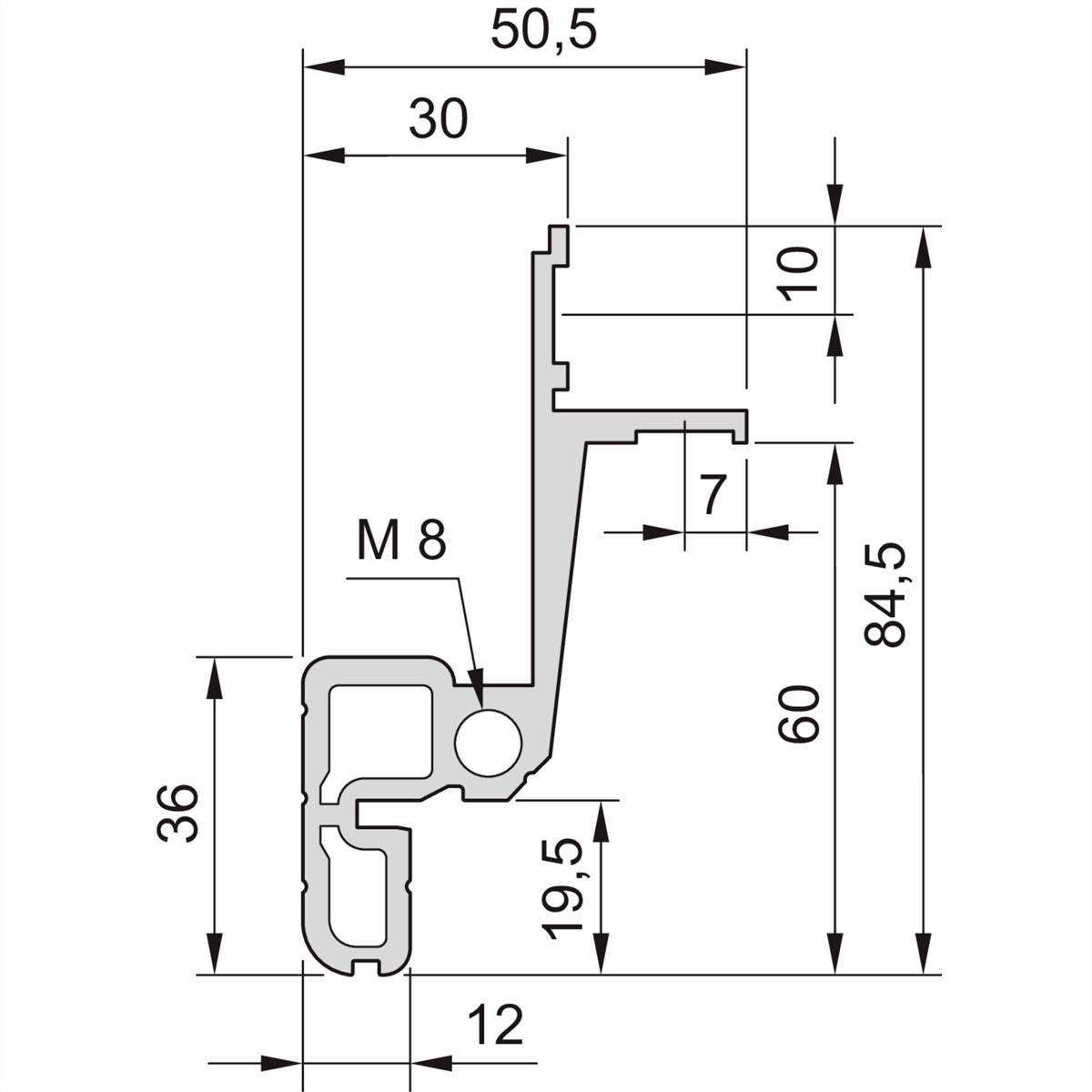 Technische Zeichnung eines Profils mit Maßen in Millimetern: Breite 50,5, Höhe 84,5, mit inneren Maßen und Bohrung M8.