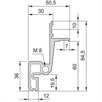 Technische Zeichnung eines Aluminium-Profilquerschnitts mit Bemaßungen: 50,5 mm Breite, 84,5 mm Höhe, M 8 Gewinde, 10 und 12 mm Details.
