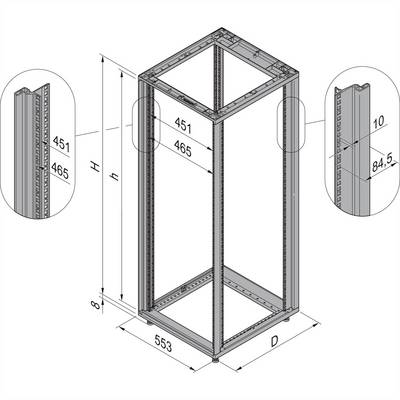 Ein 3D-Modell eines Metallrahmens mit technischen Maßen. Die Breite beträgt 553 mm, die Höhe 'H', und Tiefe 'D'. Details der Rahmenecken werden in Nahaufnahme gezeigt.