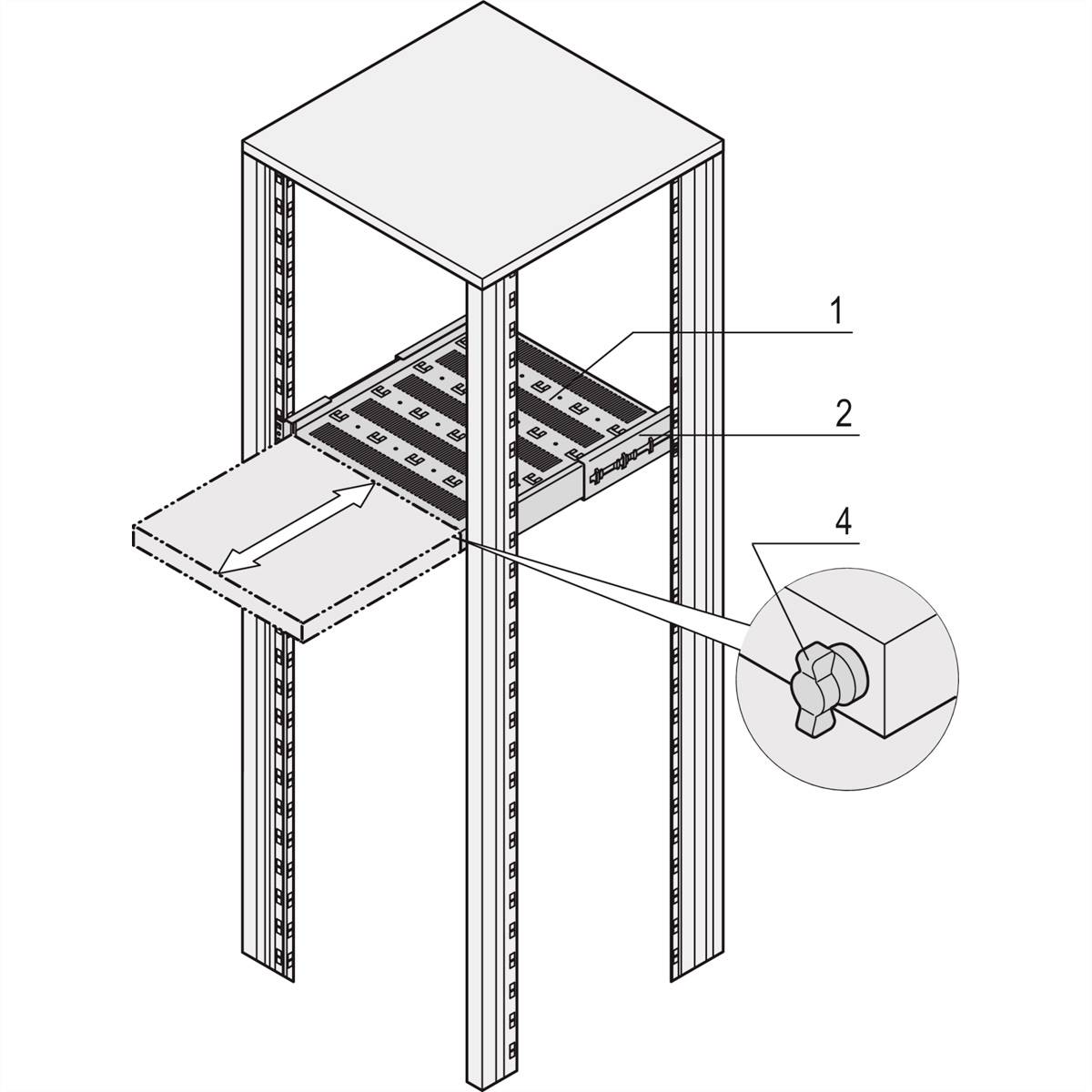 Illustration eines Regals mit einem ausziehbaren Fach. Nummern markieren Funktionen: 1. Fach, 2. Führung, 4. Drehknopfmechanismus.