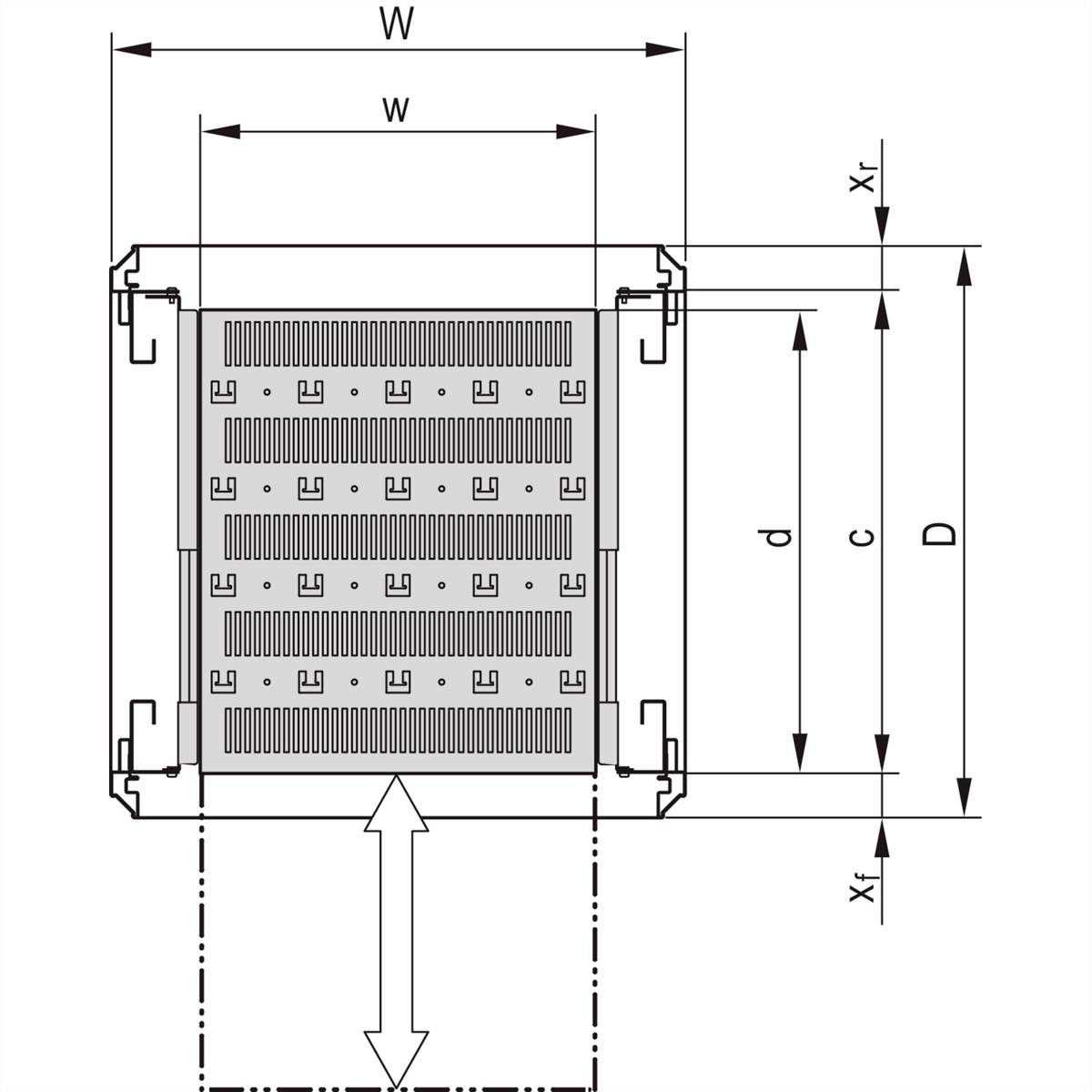 Technische Zeichnung eines rechteckigen Moduls mit fünf horizontalen Reihen von Kontakten, beschriftet mit 'w', 'd', 'D', 'x'.