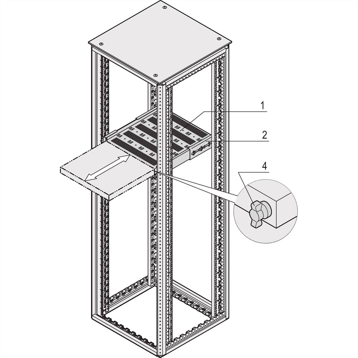 Diagramm eines Metallrahmens mit vier markierten Punkten: 1) Metallstreben, 2) Regalbrett, 4) Schraube zur Befestigung.