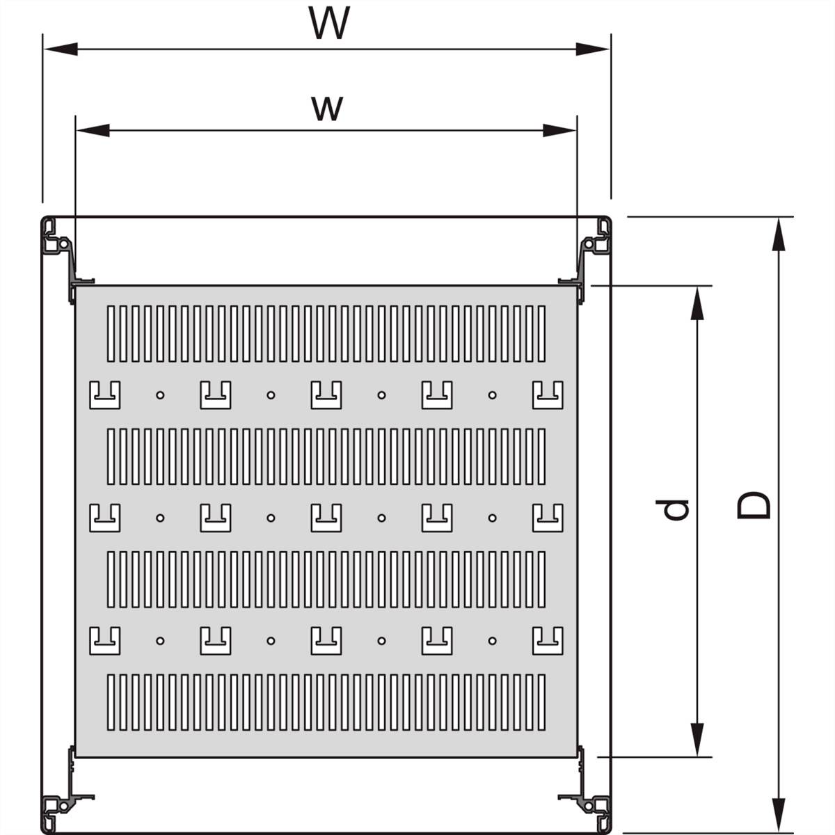 Technische Zeichnung eines rechteckigen Lüftungsgitters mit Maßangaben: Breite (W), kleine Breite (w), Tiefe (d) und große Tiefe (D).