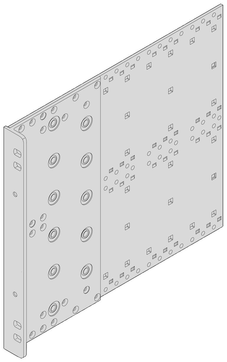 Technische Zeichnung eines metallischen Bauelements mit mehreren runden und quadratischen Befestigungspunkten.