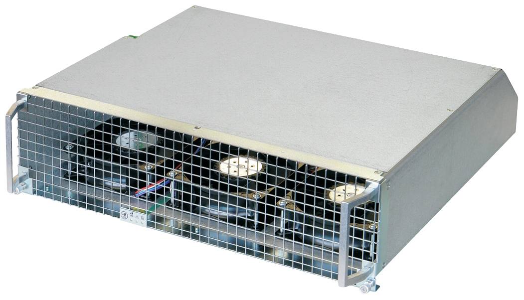 Ein graues, rechteckiges Gehäuse eines Elektronikgeräts mit Lüftungsgitter, das vermutlich ein Computer- oder Serverbauteil ist.