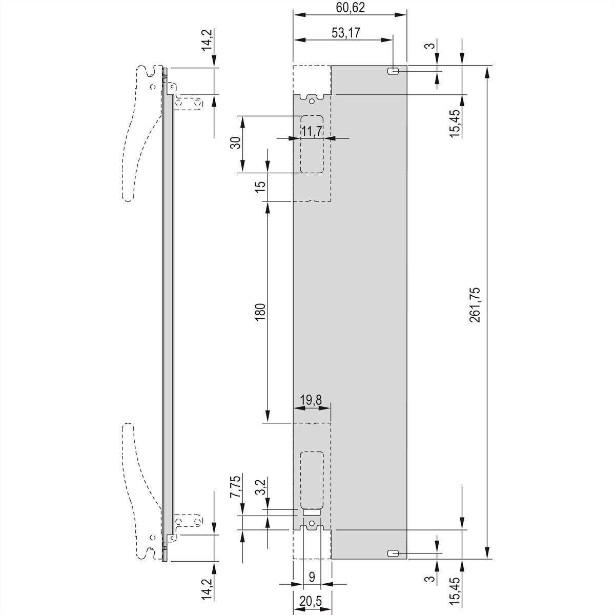 'Technische Zeichnung eines Möbelstücks mit genauen Maßen. Breite: 60,62 cm, maximale Höhe: 261,75 cm. Mehrere Details wie Griffe und Löcher markiert.'