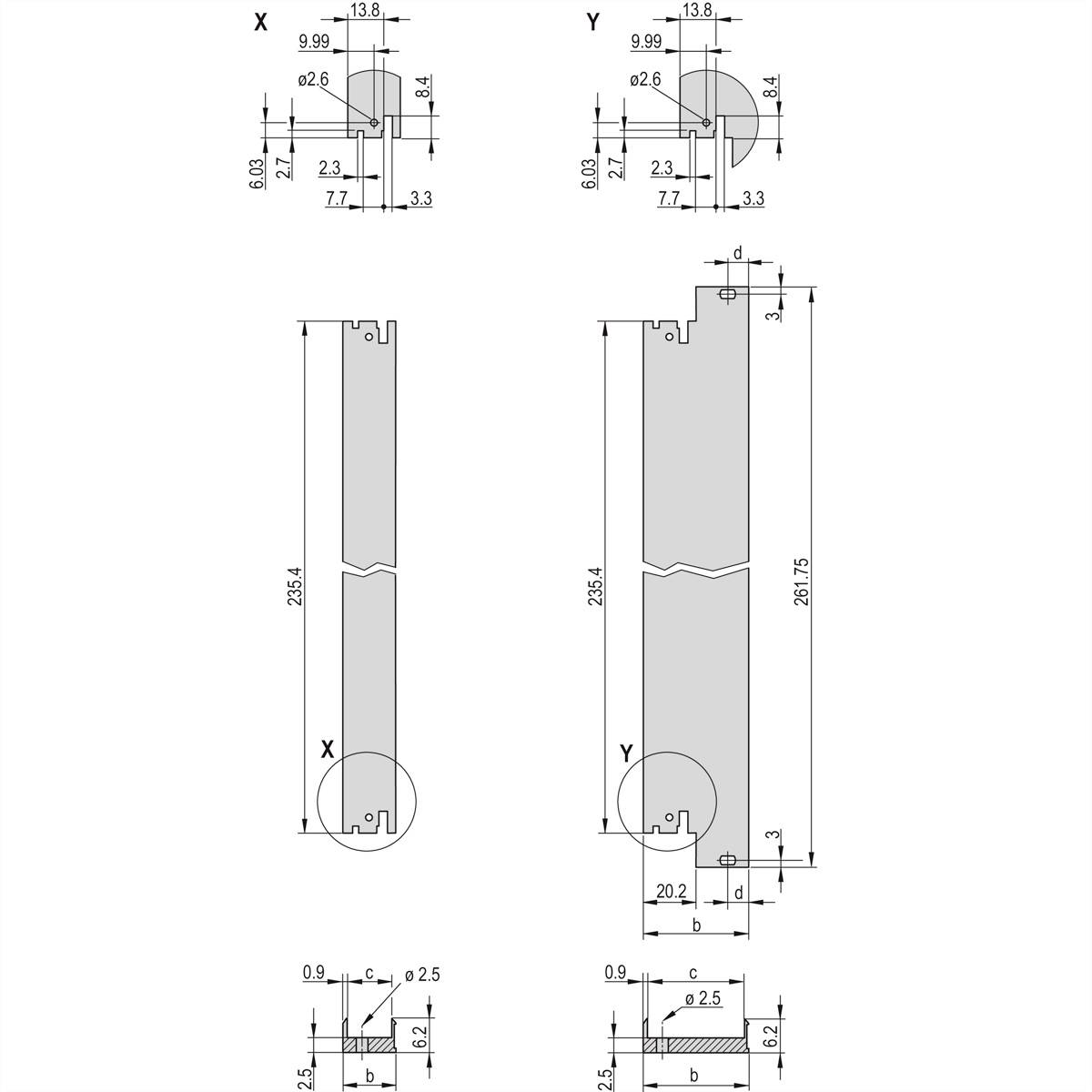 Technische Zeichnung von zwei Bauteilen mit Abmessungen. Das linke Element ist mit 'X', das rechte mit 'Y' gekennzeichnet. Beide zeigen längliche Profile mit detaillierten Maßangaben.