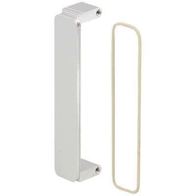 Eine silberne Metallgriffleiste neben einer beige Dichtung, wahrscheinlich Teil eines Möbelstücks oder Geräts.