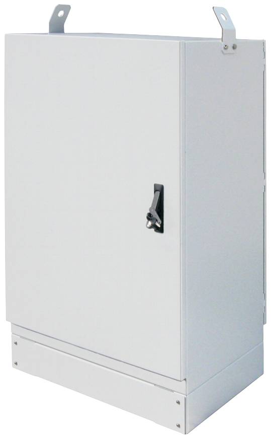 Grauer, rechteckiger Metallschrank mit schwarzem Griff und Wandhalterungen, geeignet für die Aufbewahrung von elektrischen Geräten.