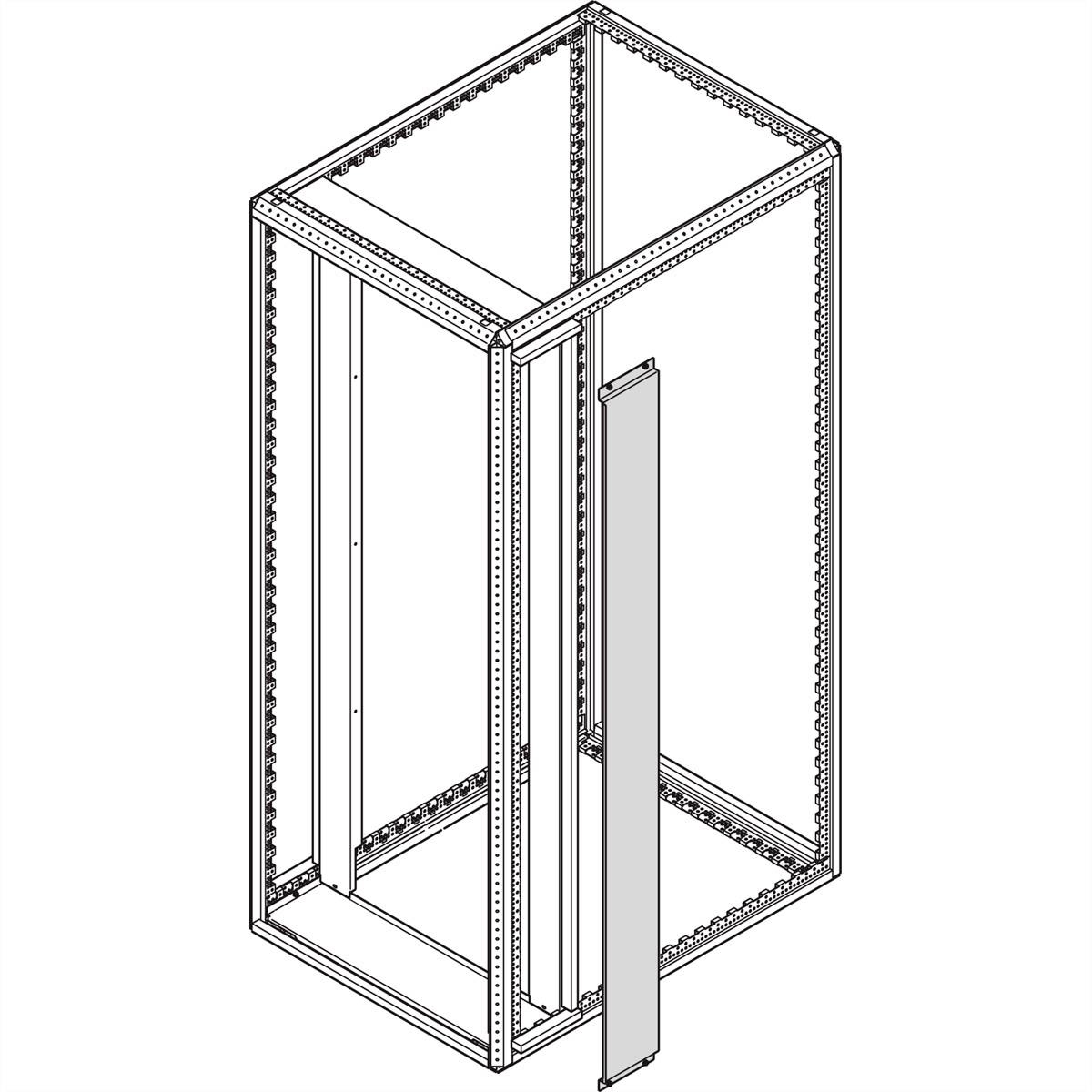 Technische Zeichnung eines Metallrahmens für ein Server-Rack-Gehäuse mit rechteckiger Grundfläche und offener Vorderseite.