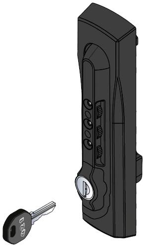 Schloss mit Zahlenschloss und Schlüssel. Das Schloss hat vier Zahlenräder zum Einstellen der Kombination. Der Schlüssel liegt daneben.