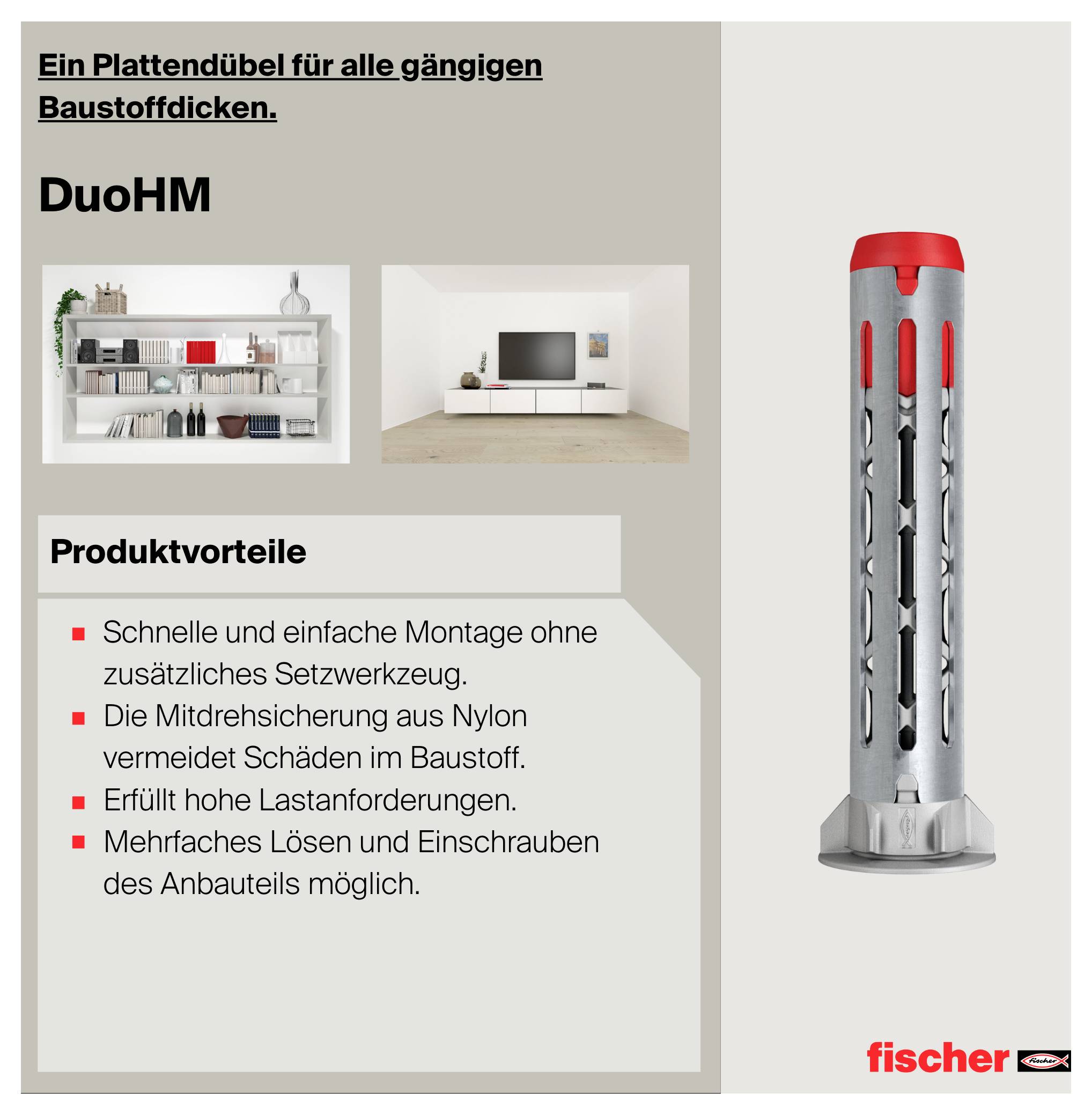 Werbeplakat für Fischer DuoHM-Plattendübel für gängige Baustoffdicken; zeigt den Dübel und Produktvorteile wie schnelle Montage, Mitdrehsicherung und hohe Lastaufnahme.