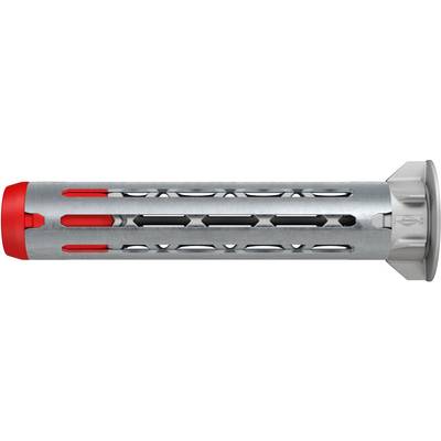 'Karton mit fischer DuoHM 5x55 S Dübeln, zeigt Mischung aus Metall- und roten Kunststoffschrauben, beschriftet mit Tragfähigkeiten und Abmessungen.'