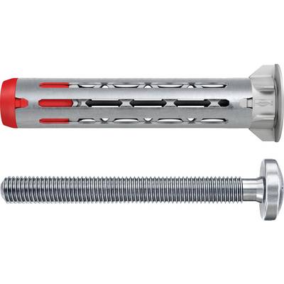 Ein Metallwandstecker mit einer roten Kappe und einem Gewindestift liegen parallel und zeigen Komponenten, die wahrscheinlich zur sicheren Befestigung im Bauwesen verwendet werden.