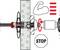 Diagramm eines mechanischen Systems mit einem Zahn­rad- und Armsymbol. Pfeile geben die Rotations­richtung an. Ein oktagonales „STOP"-Schild ist enthalten.