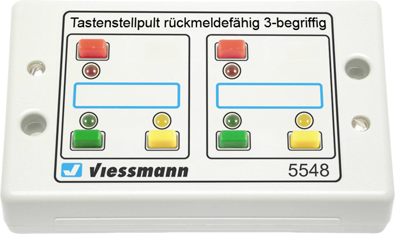 'Viessmann Tastenstellpult 5548' mit drei Tastenpaaren, farbcodiert in rot, gelb und grün, zur Steuerung und Rückmeldung.