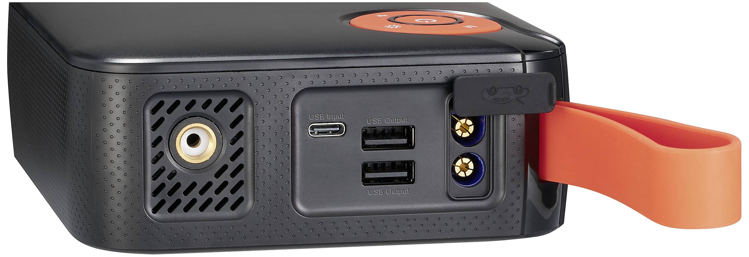 Hinteransicht eines elektronischen Geräts mit verschiedenen Anschlüssen: zwei USB, ein HDMI und eine oben offene orange Klappe rechts.