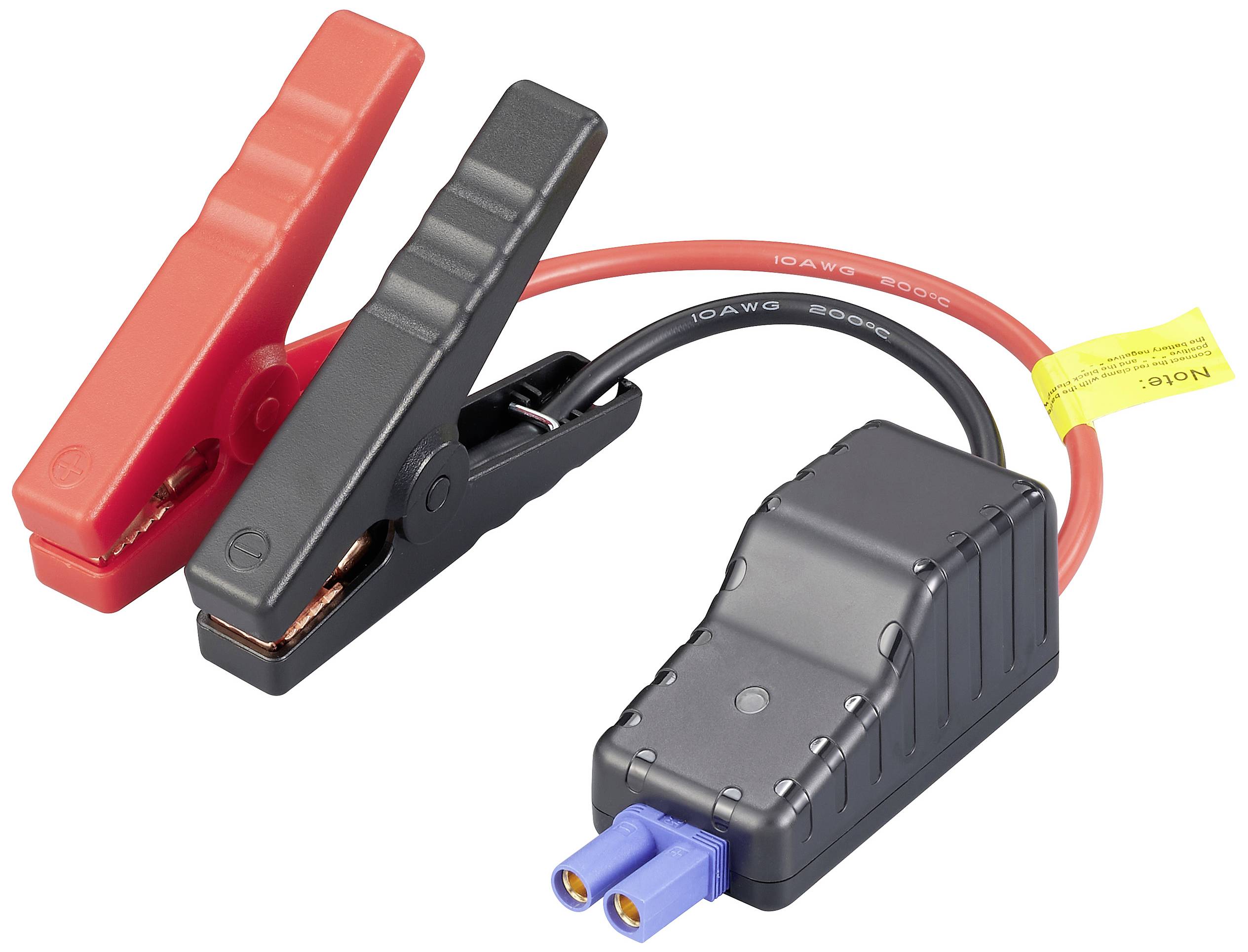 Zwei Überbrückungsklemmen, eine rot und eine schwarz, verbunden mit Kabeln und einem Adapter. Verwendet zur Fahrzeugbatterieüberbrückung.