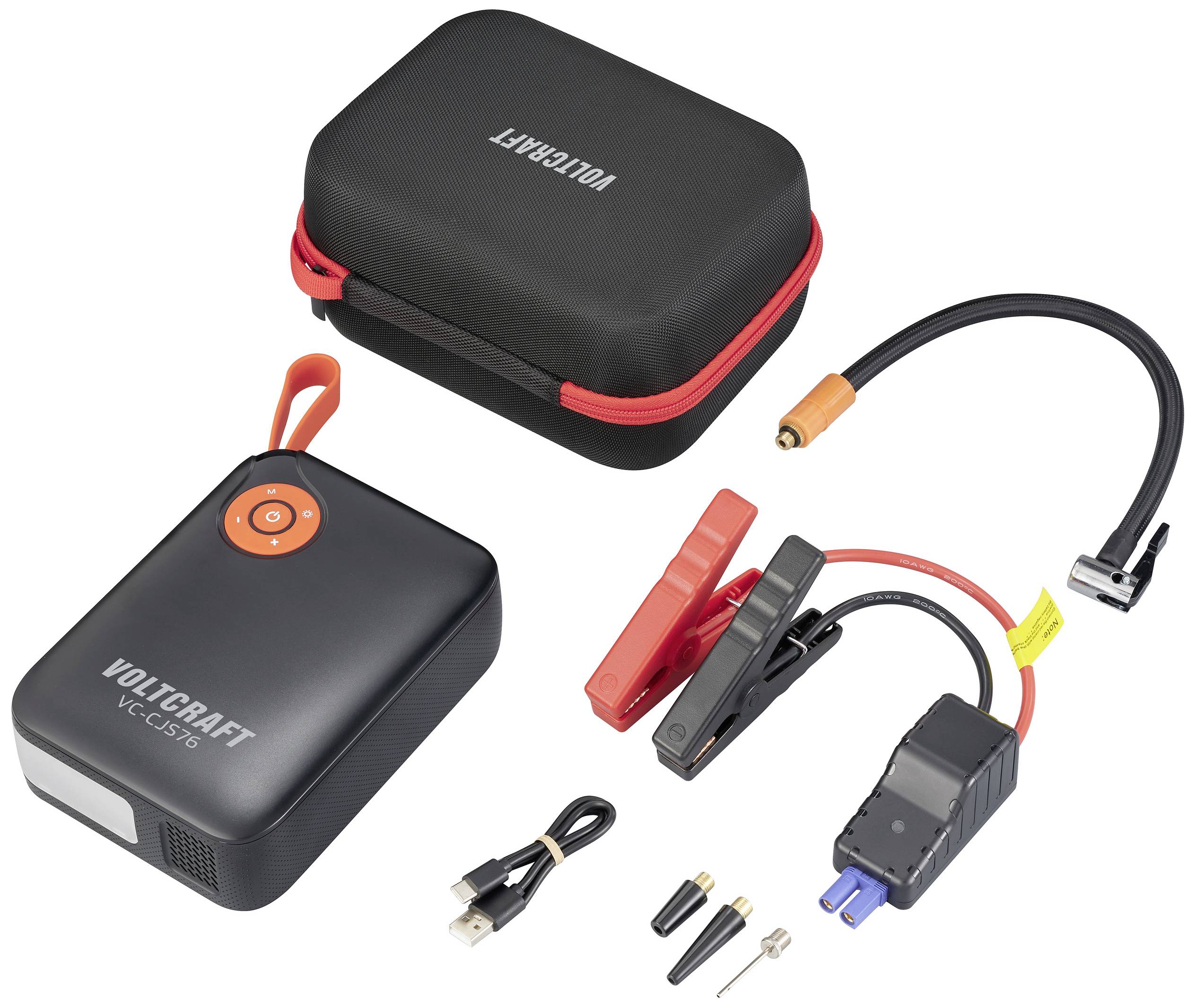 Starthilfe-Powerbank-Set mit Etui, Kabel, Klemmen und Adapter.