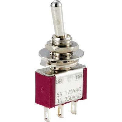 Metallschalter mit rotem Gehäuse und drei Anschlussstiften. Beschriftet mit 'ON' und den Stromstärken '6A 125VAC', '3A 250VAC'.
