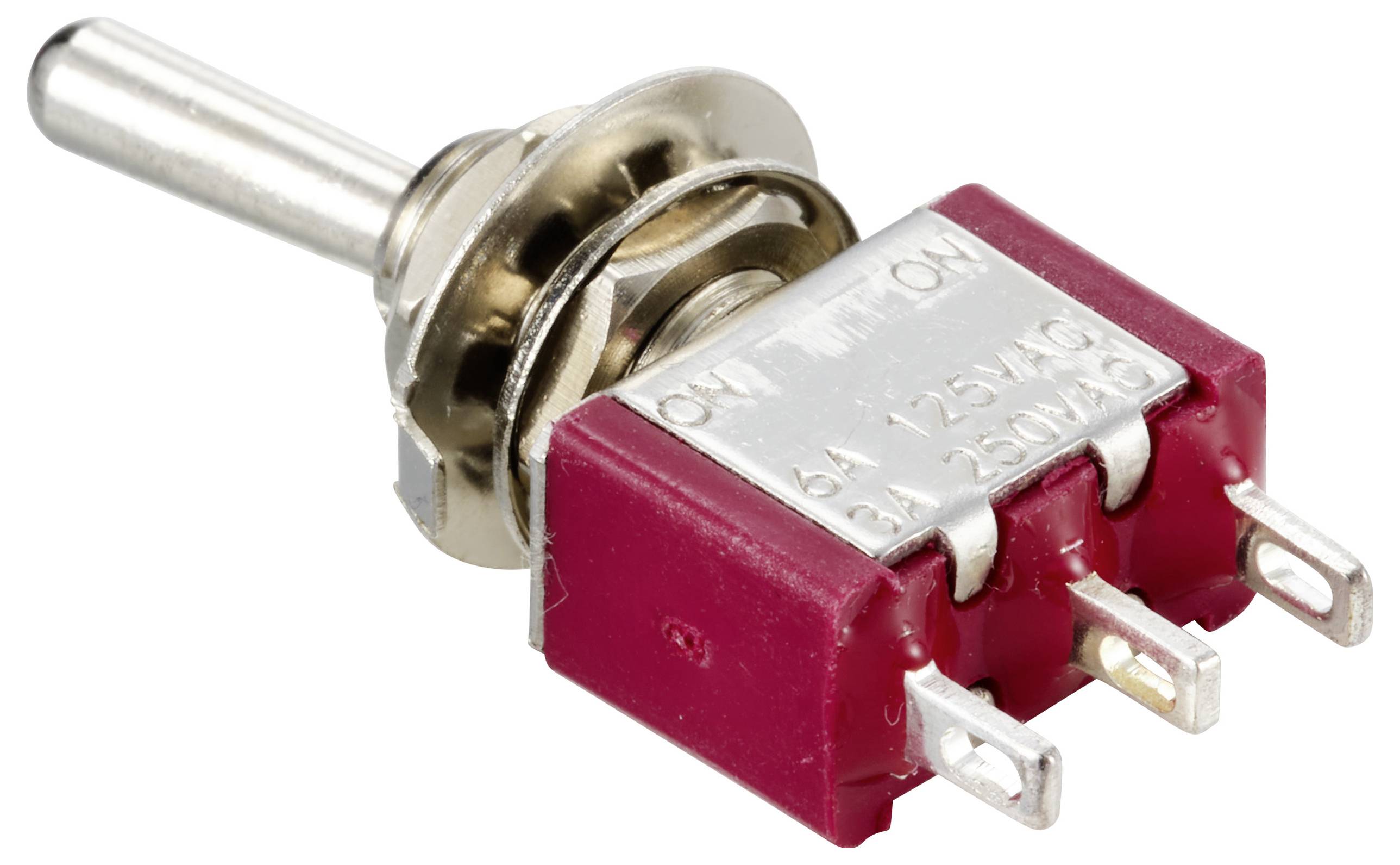 Ein roter Kippschalter mit Metallhebel und drei Metallkontakten, beschriftet mit 'ON' und 'OFF', verwendet zur Steuerung elektrischer Stromkreise.