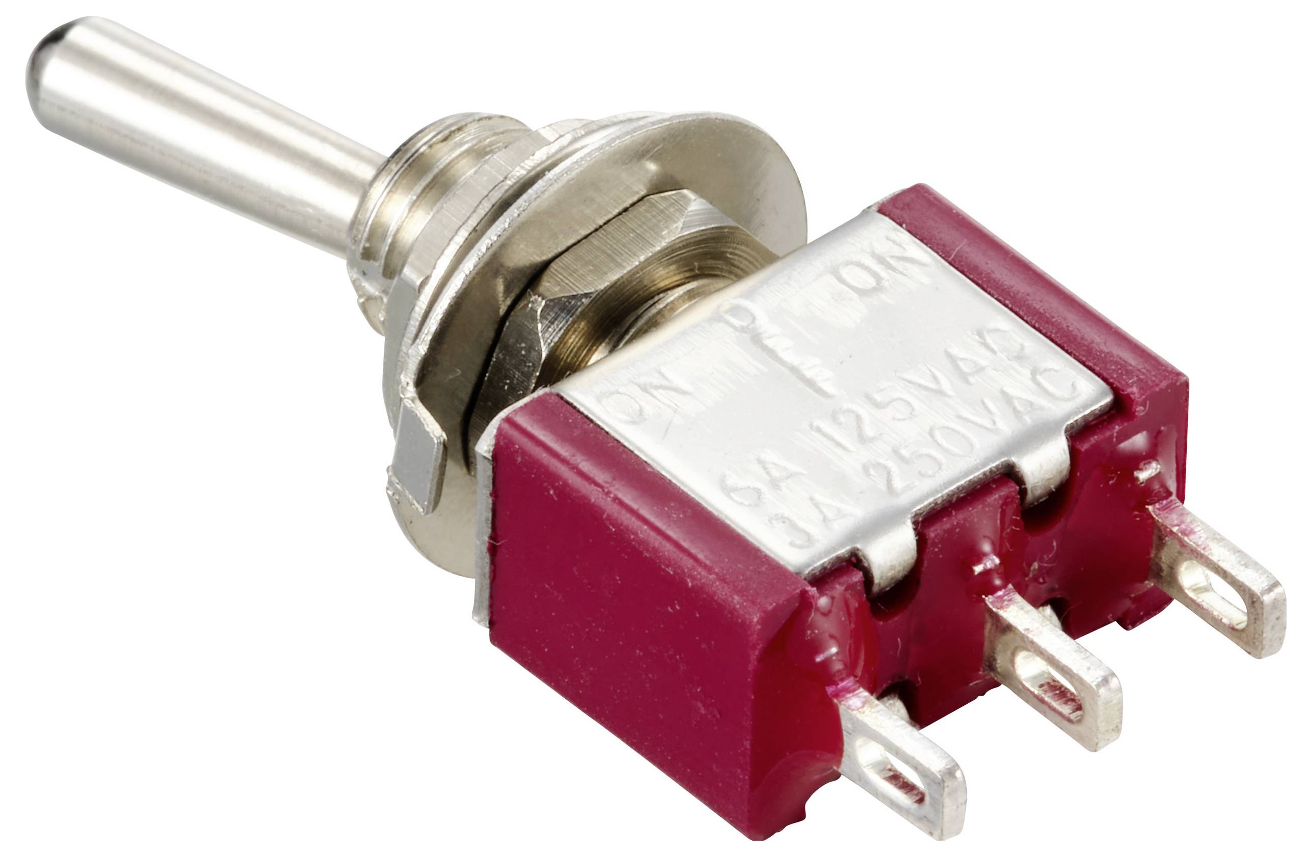 Ein roter Kippschalter mit drei Metallanschlüssen auf weißem Hintergrund. Beschriftet mit 'ON' und 'OFF' sowie elektrischen Spezifikationen.