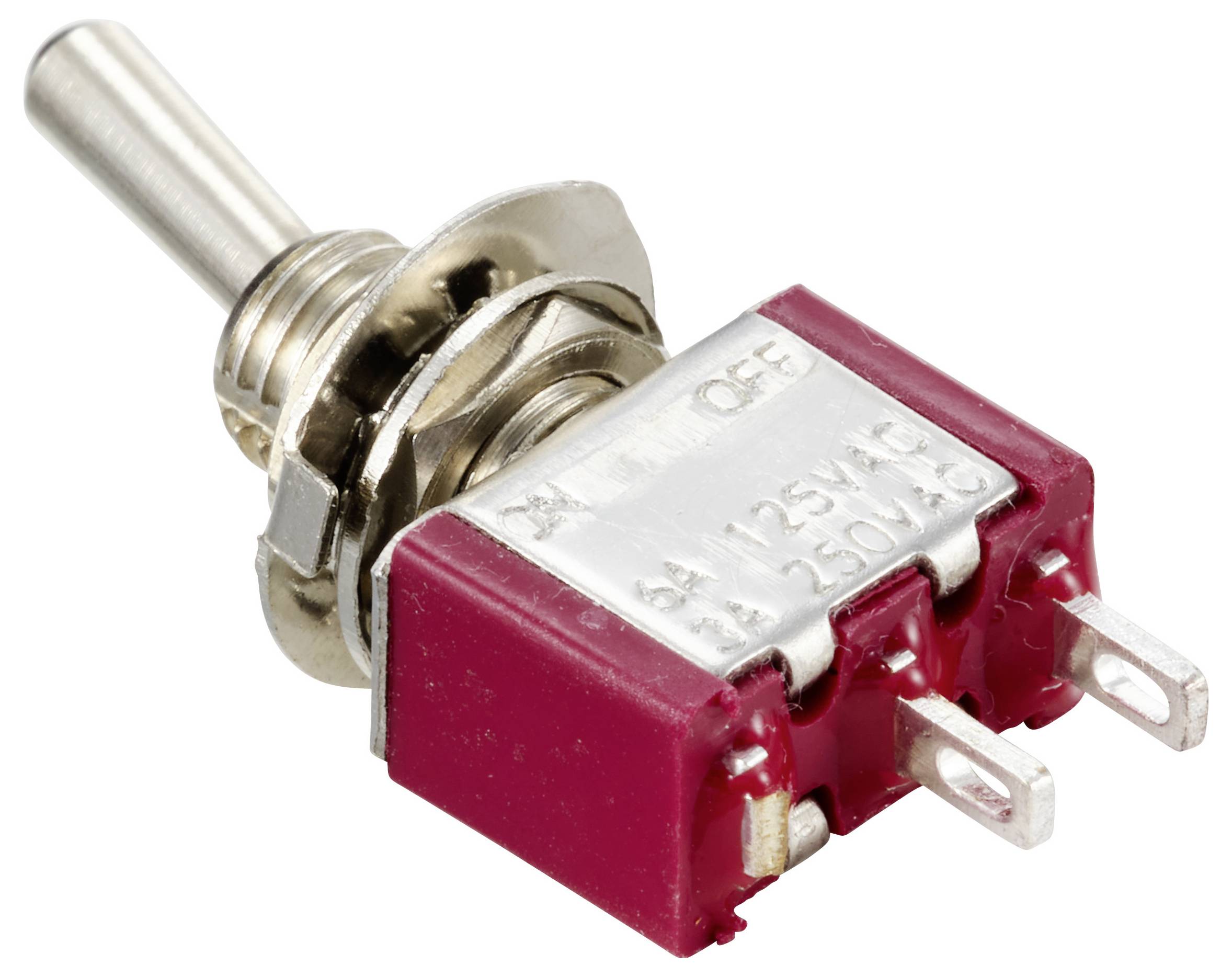 Nahaufnahme eines roten Kippschalters mit Metallhebel und drei Anschlüssen. Geeignet für elektronische Anwendungen.