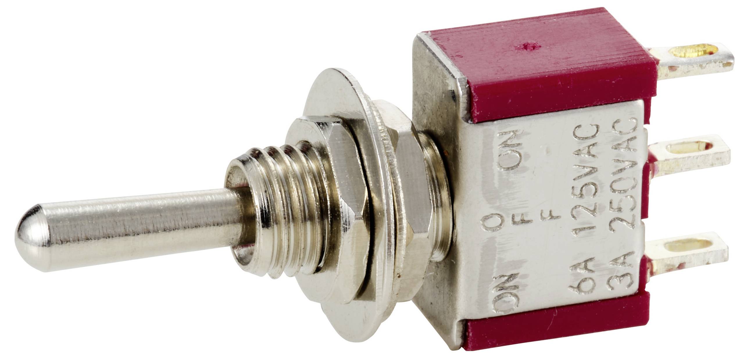 Ein Kippschalter in Metallfassung, gekennzeichnet mit 'ON' und 'OFF'. Geeignet für Spannungen bis 250VAC und Stromstärken bis 6A.