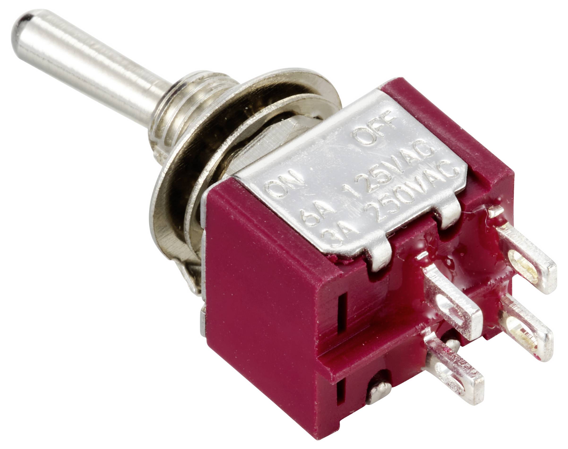Ein roter Kippschalter mit sechs Anschlüssen und beschriftet mit 'ON', 'OFF', '5A 125VAC', '2A 250VAC'.