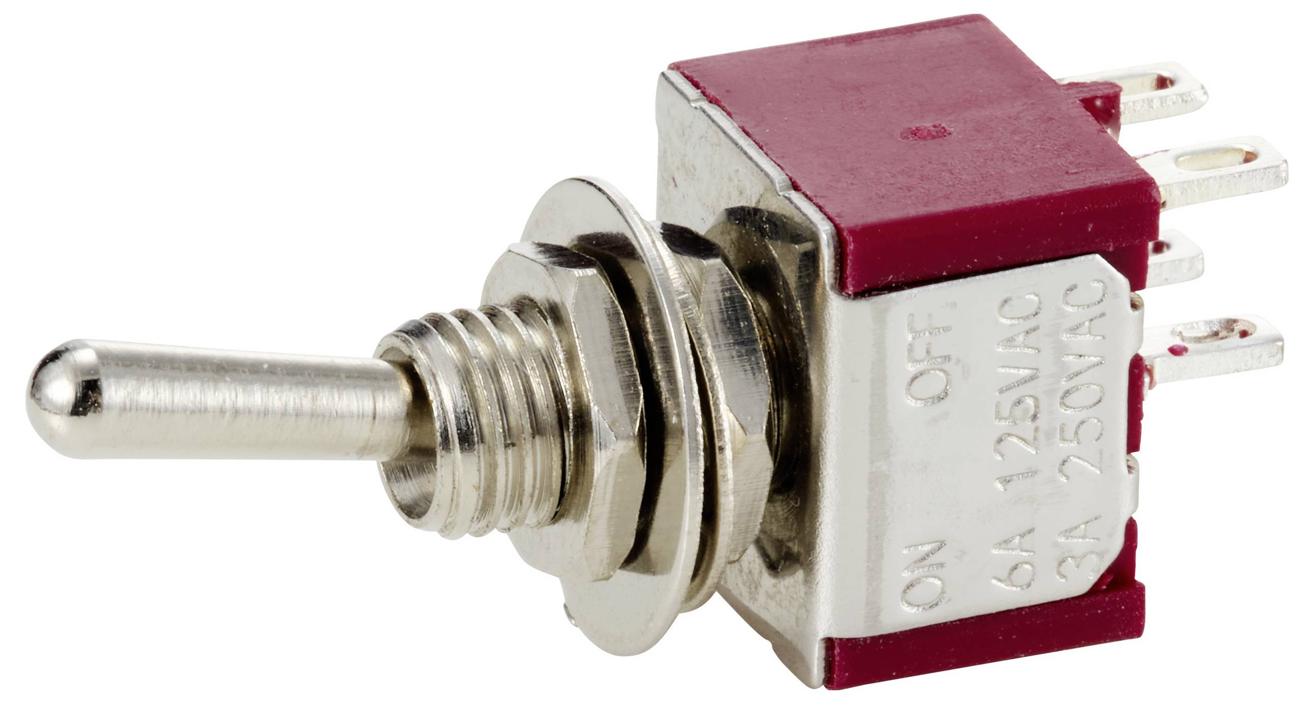 Ein roter Kippschalter, weit verbreitet in elektronischen Anwendungen, mit Aufschriften 'ON' und 'OFF', ausgestattet mit Metallhebel.