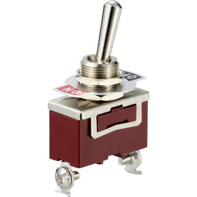 Ein roter Kippschalter mit metallischem Hebel. An der Basis befinden sich zwei elektrische Anschlussklemmen.