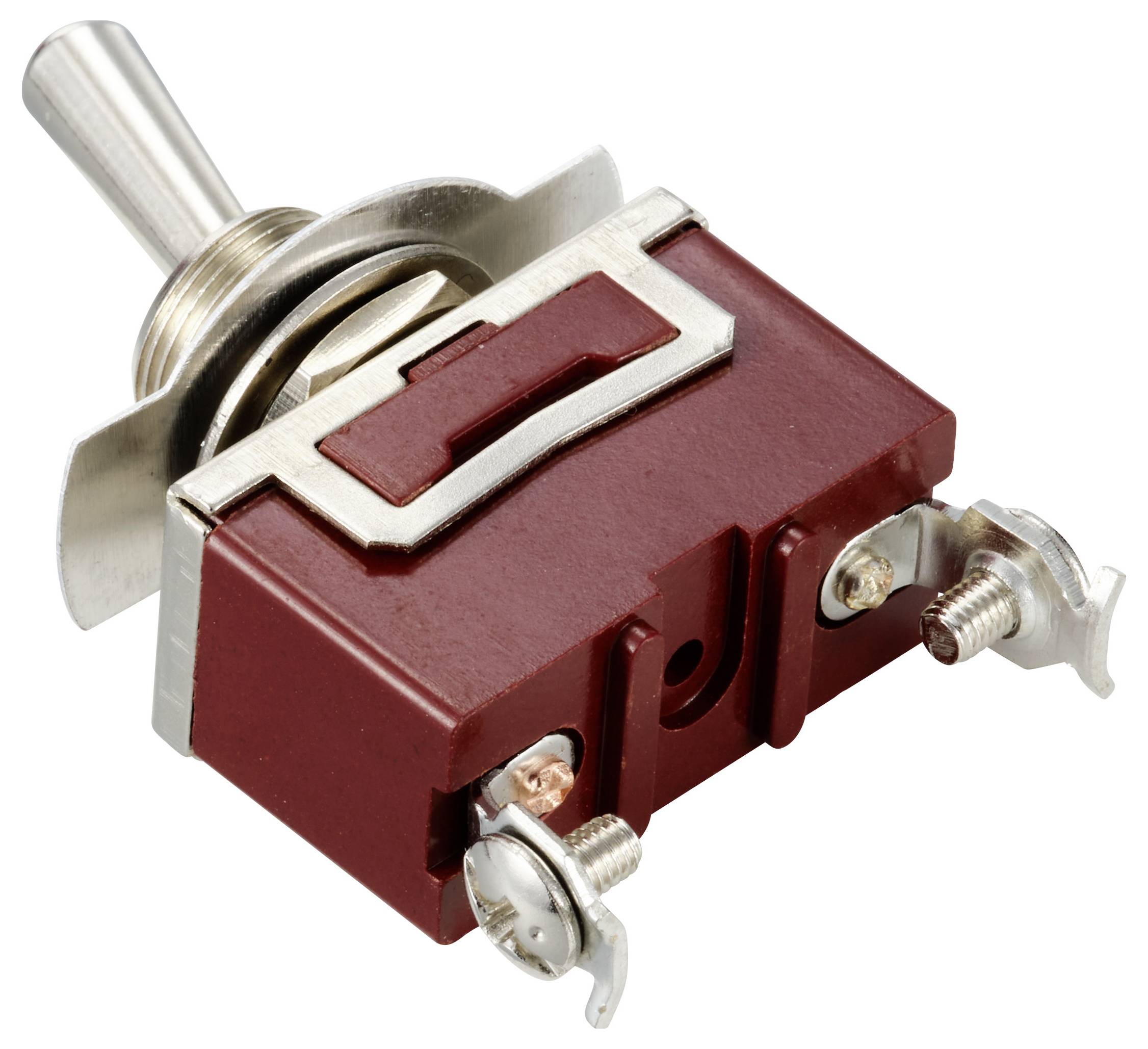 Ein metallischer Kippschalter mit rotem Gehäuse und zwei Anschlüssen. Hauptsächlich verwendet für elektrische Steuerungen.