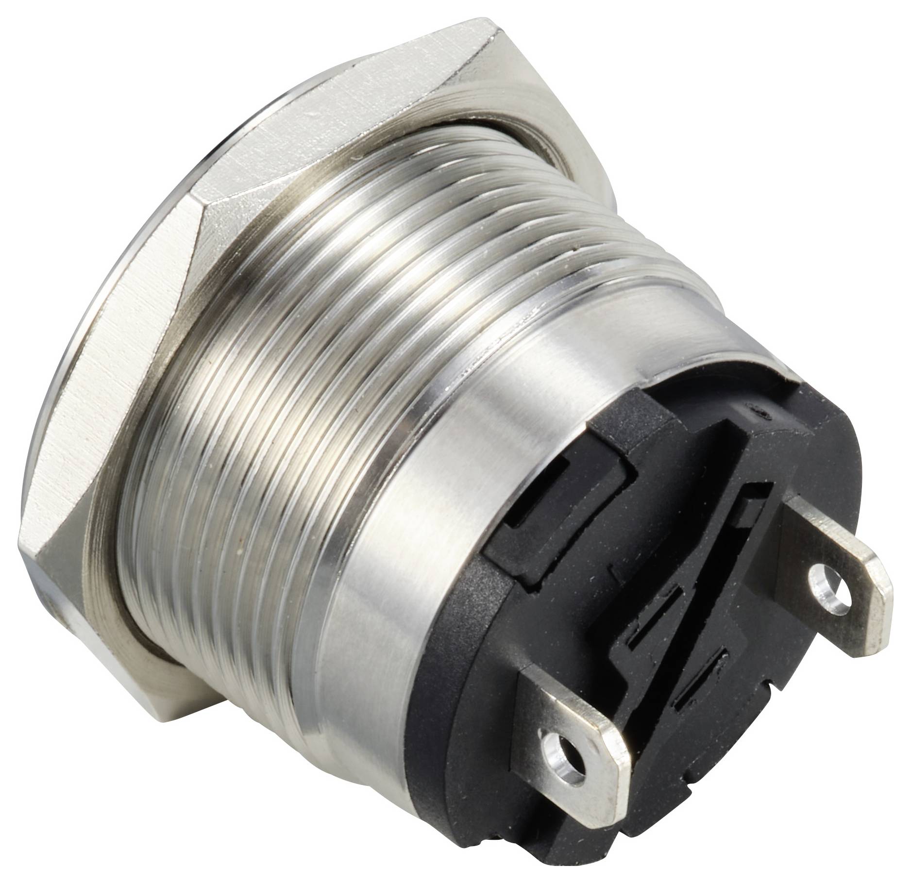 Ein metallischer elektrischer Stecker mit einem runden Gewinde und zwei Steckkontakten, geeignet für industrielle Anwendungen.