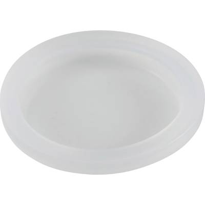 Ein transparenter Plastikdeckel in ovaler Form, auf einer hellen Oberfläche liegend.