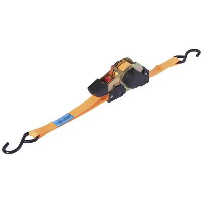 Ein Spanngurt mit orangem Band, schwarzem Ratschenmechanismus und zwei schwarzen Haken.