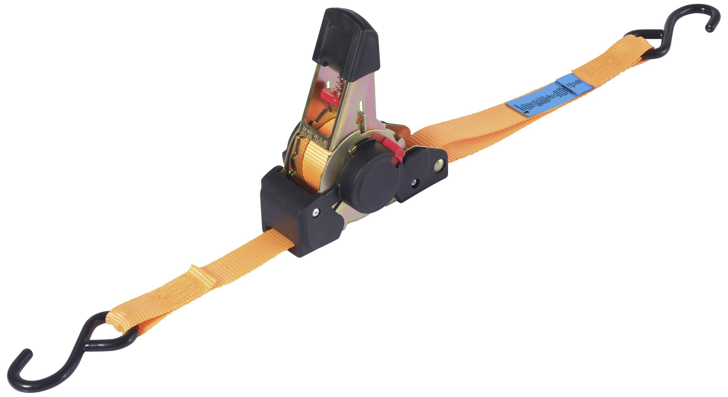Ein oranger Spanngurt mit einem Ratschenmechanismus und zwei schwarzen Haken, verwendet zur Sicherung von Gegenständen.