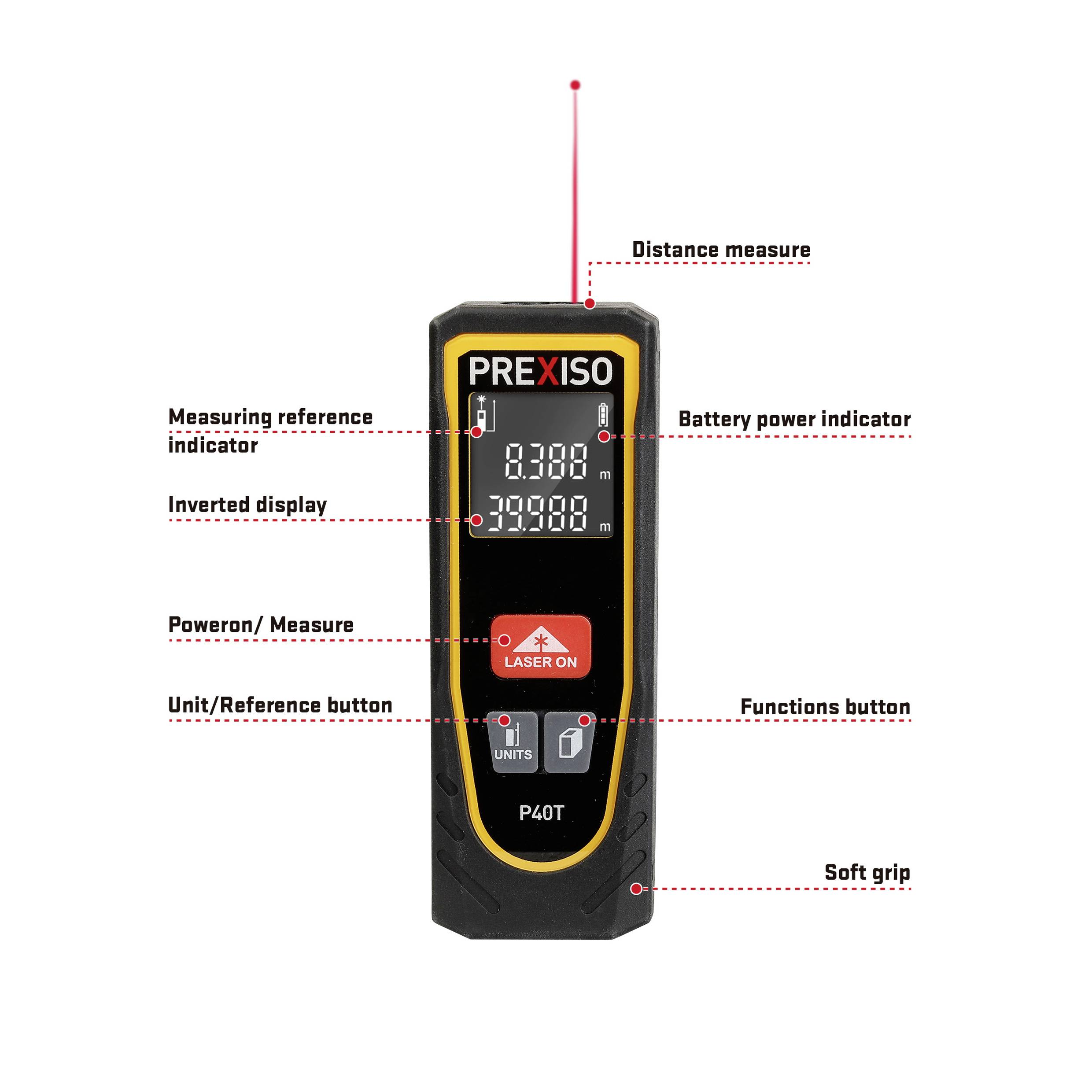 'PREXISO Laser-Entfernungsmesser P40T' mit Tasten zur Distanzmessung, Einheitenauswahl und Anzeige von Batteriestatus und Messerergebnissen.