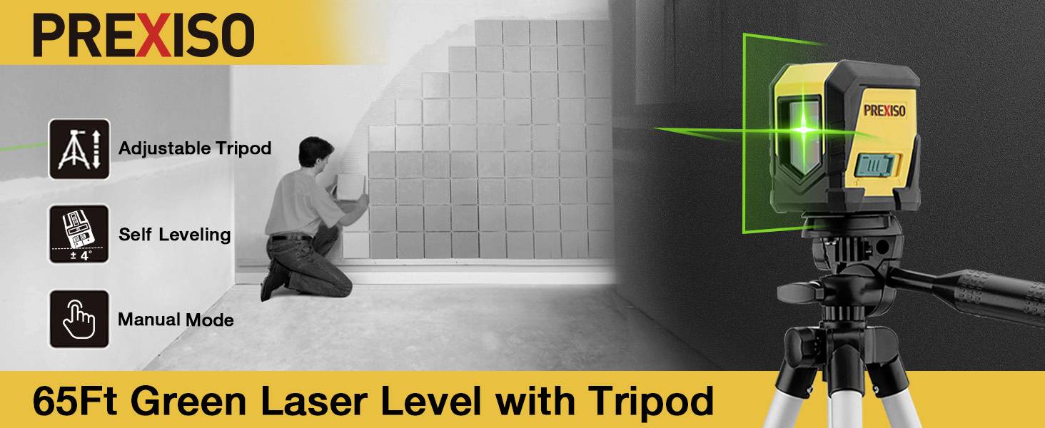 'PREXISO 65Ft Grünlaser mit Stativ', zeigt eine Person beim Verlegen von Fliesen. Merkmale: verstellbares Stativ, Selbstnivellierung und manueller Modus.