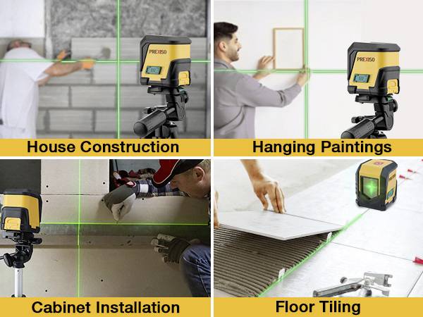 'Laserwerkzeug im Einsatz beim Hausbau, Aufhängen von Gemälden, Einbau von Schränken und beim Verlegen von Fliesen.'