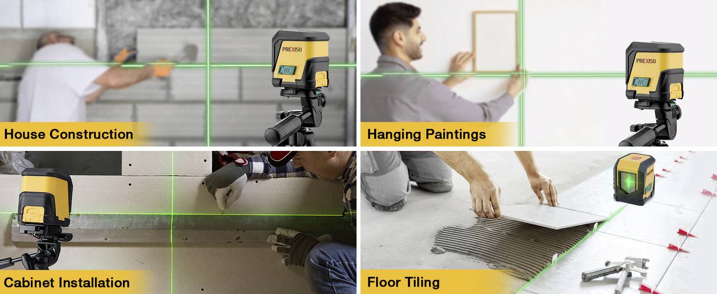 'Bild mit vier Anwendungen eines Lasernivelliergeräts: Hausbau, Aufhängen von Gemälden, Schrankinstallation, Bodenkacheln.'