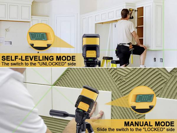 Oben: Arbeiter installiert Schränke, nutzt selbstnivellierenden Laser. Unten: Person verlegt Fliesen, verwendet Laser im manuellen Modus.